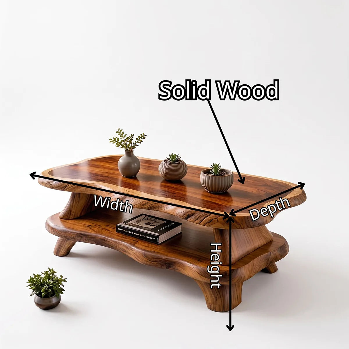 Organic Solid Wood Coffee Table with Storage Shelf | Modern Live Edge Center Table TT006-8710