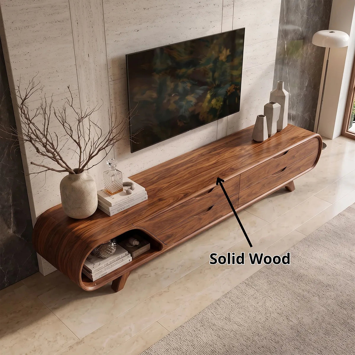 Modern Curved TV Stand with 4 Drawers & Open Shelf | Sculptural Low Profile Media Console