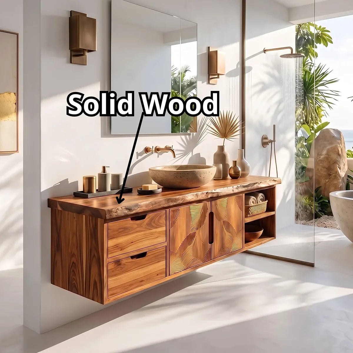 Floating Solid Wood Bathroom Vanity | Modern Bathroom Vanity with Drawers, Cabinet and Open Shelf TT006-6VOS2CB