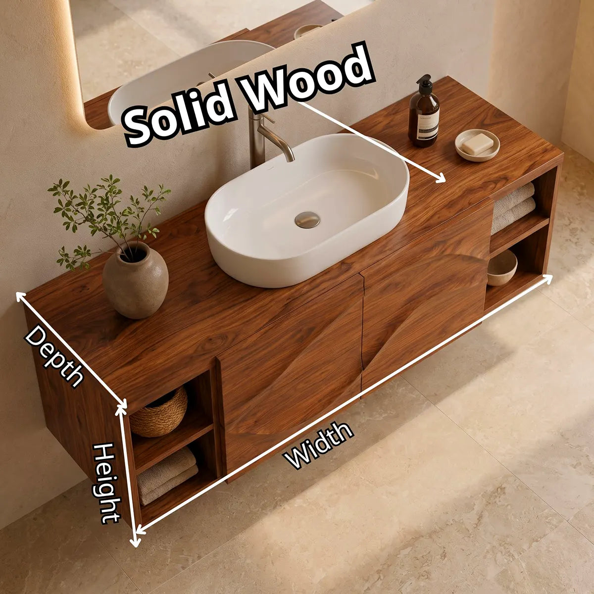 Floating Bathroom Vanity with 2 Carved Wave Doors & 4 Open Storage Compartments