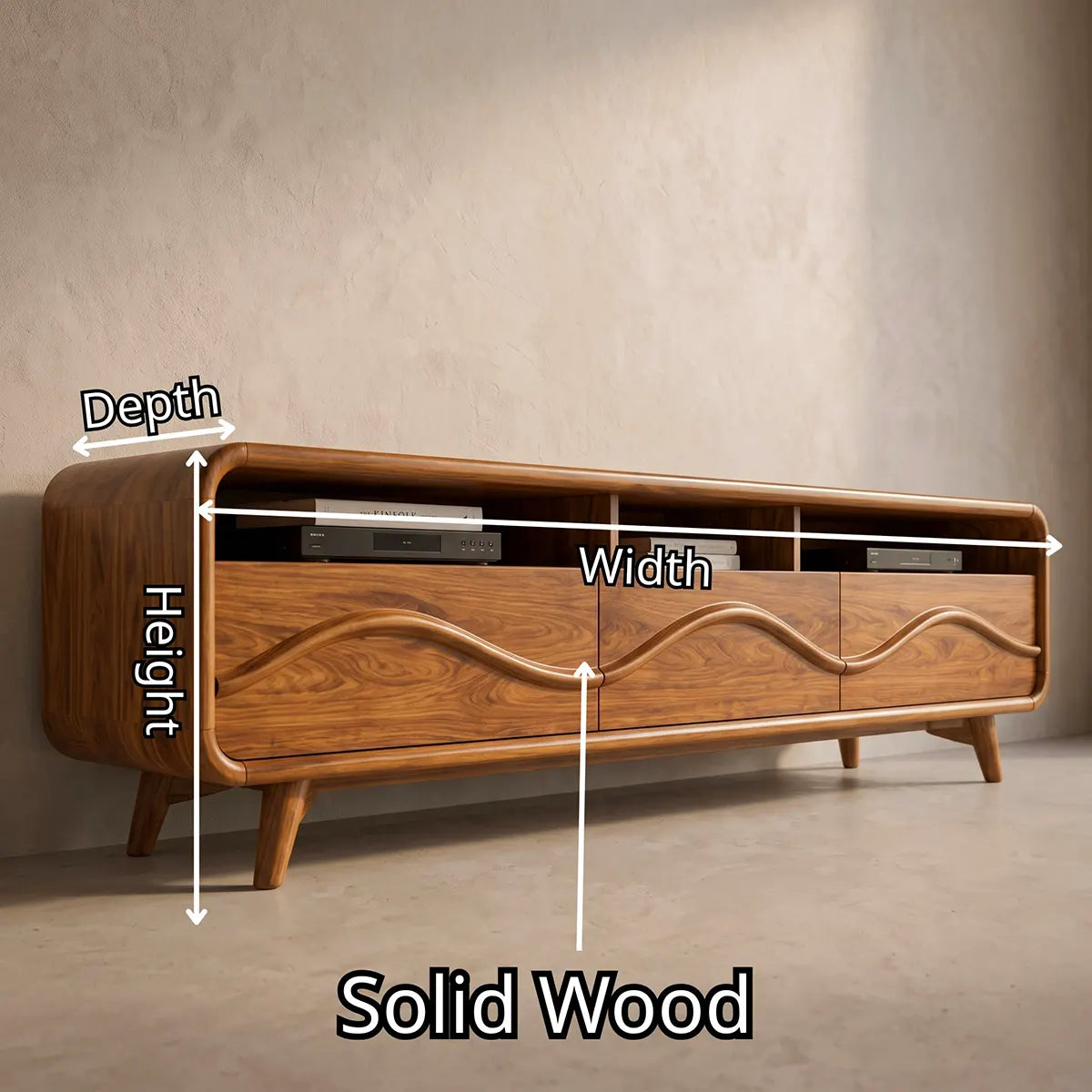 Modern Wave Front TV Stand with 3 Drawers & Open Storage | Curved Entertainment Console