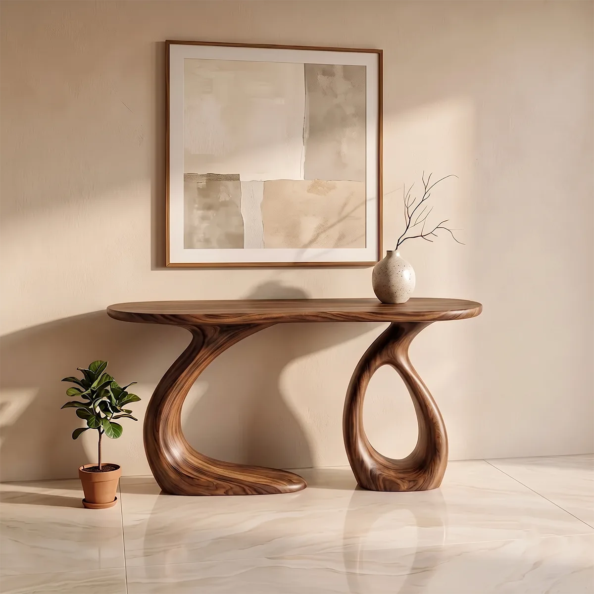 Organic Sculptural Console Table | Modern Entryway Table with Dual Curved Pedestal Base TH003-8955