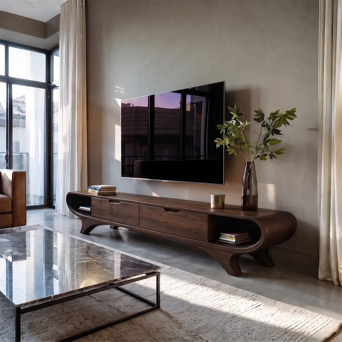 Modern Curved TV Stand with 2 Drawers & Open Side Shelves | Low Profile Media Console