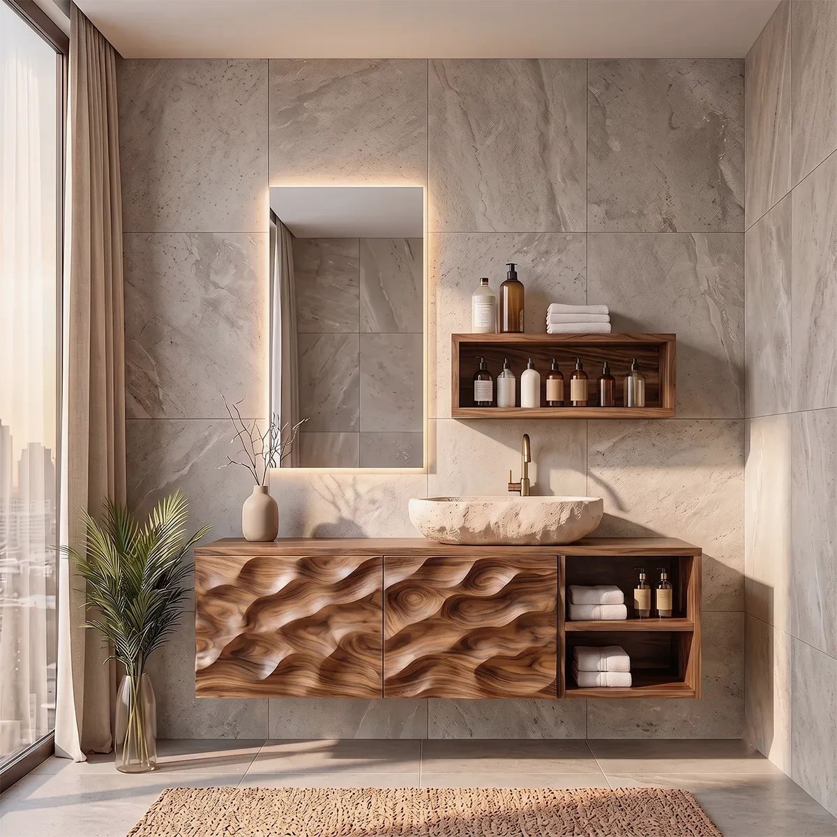 Floating Bathroom Vanity with Sculptural Cabinets & Open Side Shelves | Modern Vanity Cabinet TH003-4JYP9HL