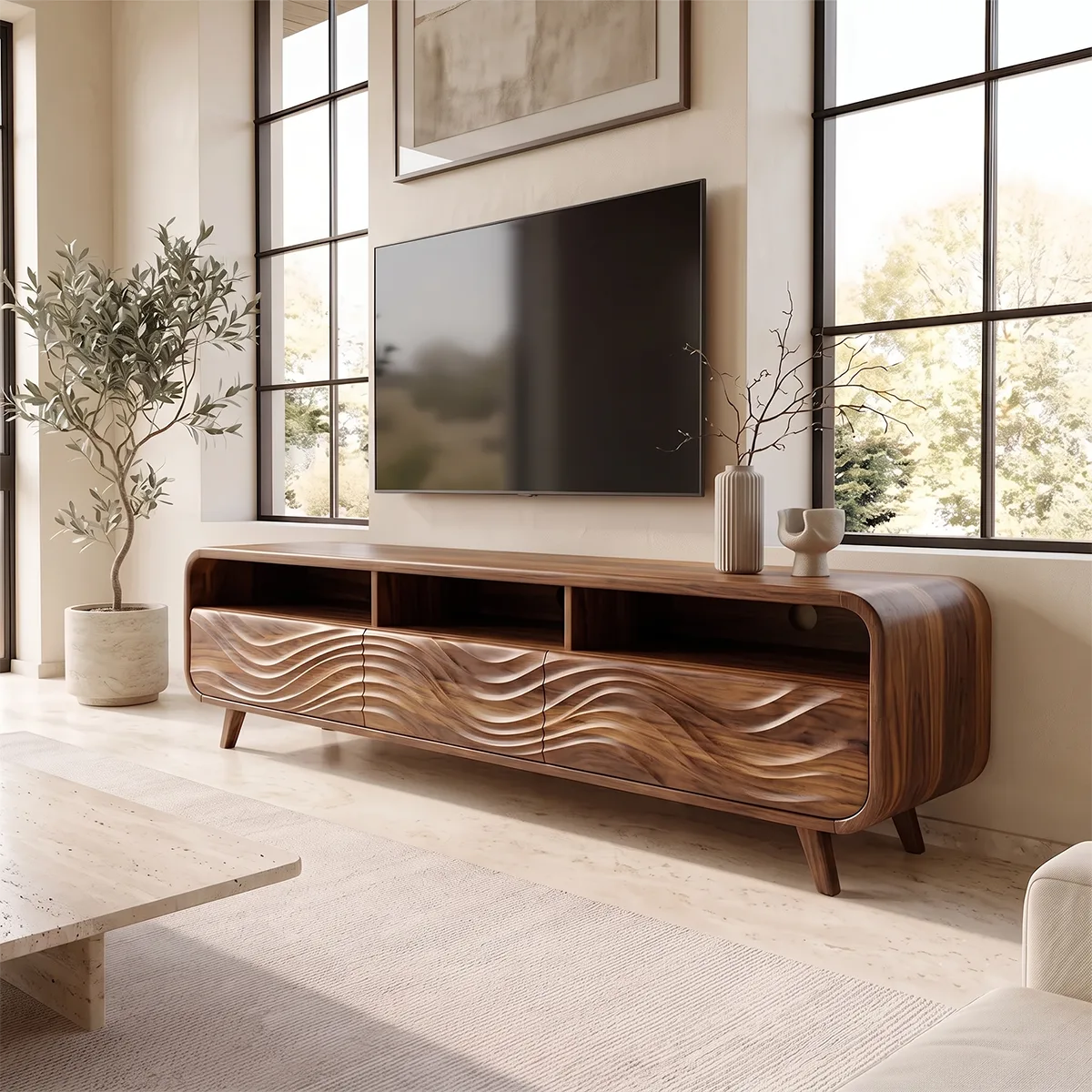 Wave Carved TV Stand with 3 Drawers & Open Shelves | Modern Media Console TH003-5GTN4YH
