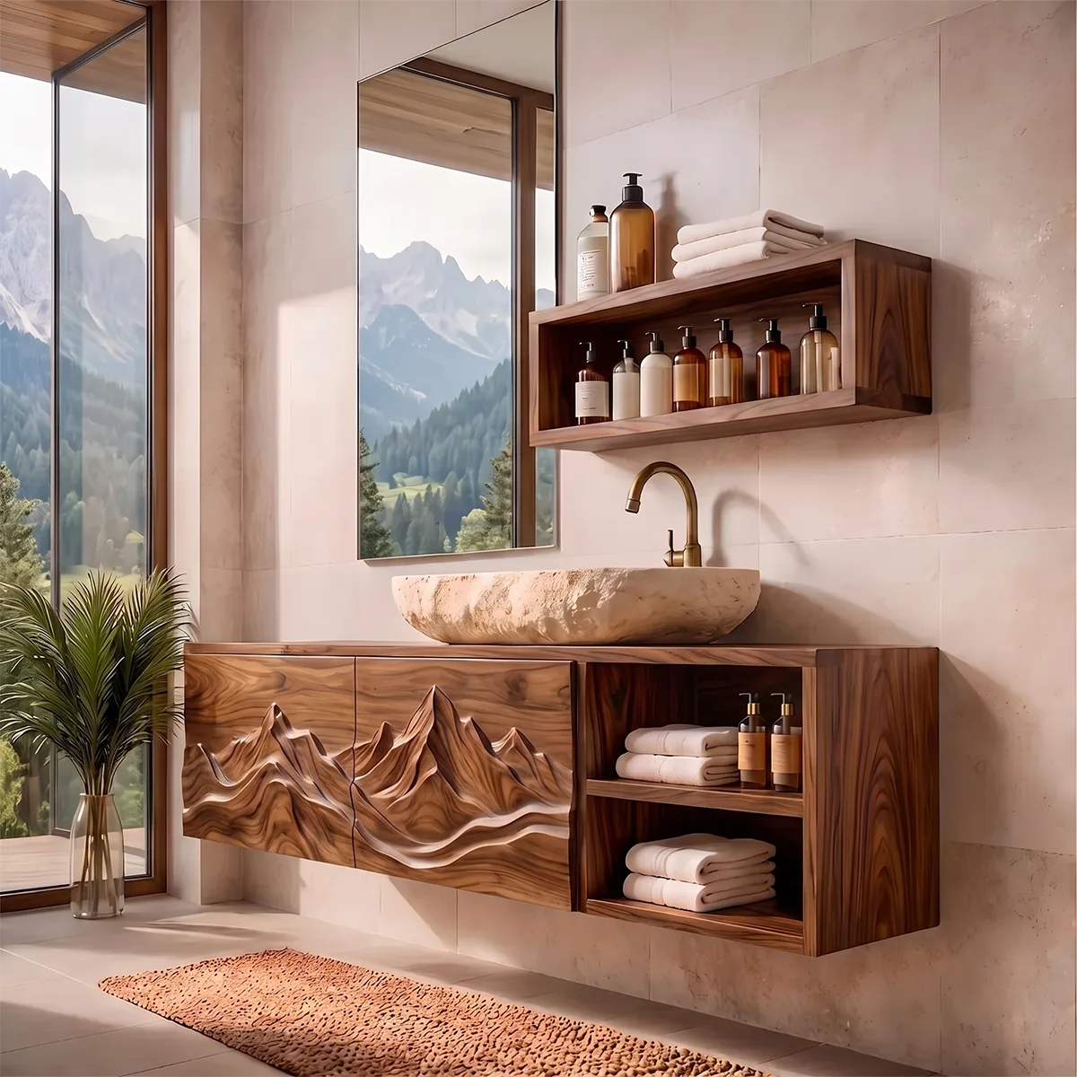 Floating Bathroom Vanity with Mountain Carved Doors & Open Side Shelves TH003-3HMW2TU