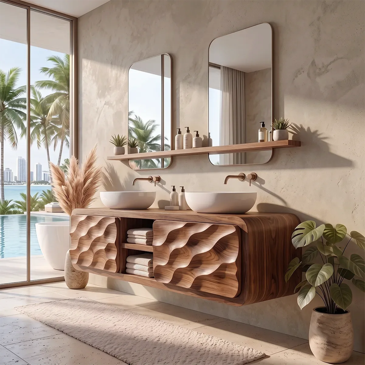 Modern Floating Bathroom Vanity with Wave Carved Doors & Center Open Shelves TH003-3UED6AZ