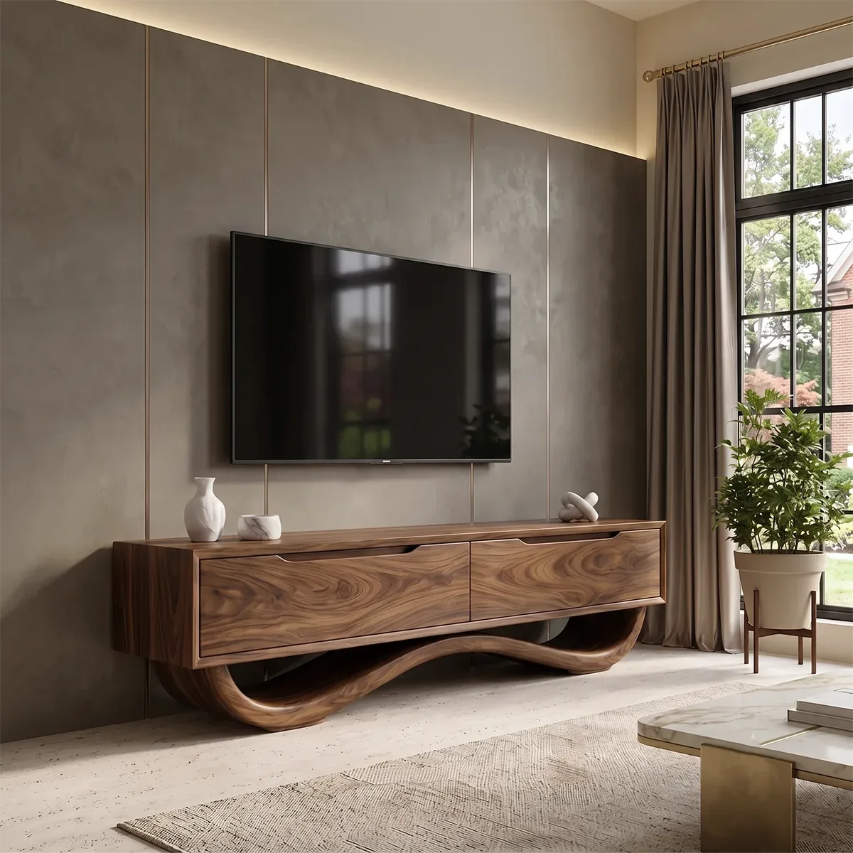 Sculptural TV Stand with 2 Drawers | Organic Modern Media Console TH003-3LLI8QY