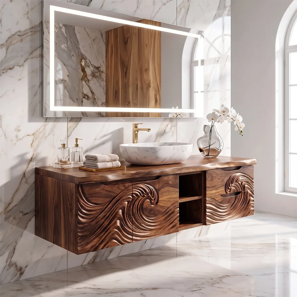 Modern Floating Bathroom Vanity with Wave Carved Cabinet, Open Shelf & Dual Drawers TH003-5MOV2YH