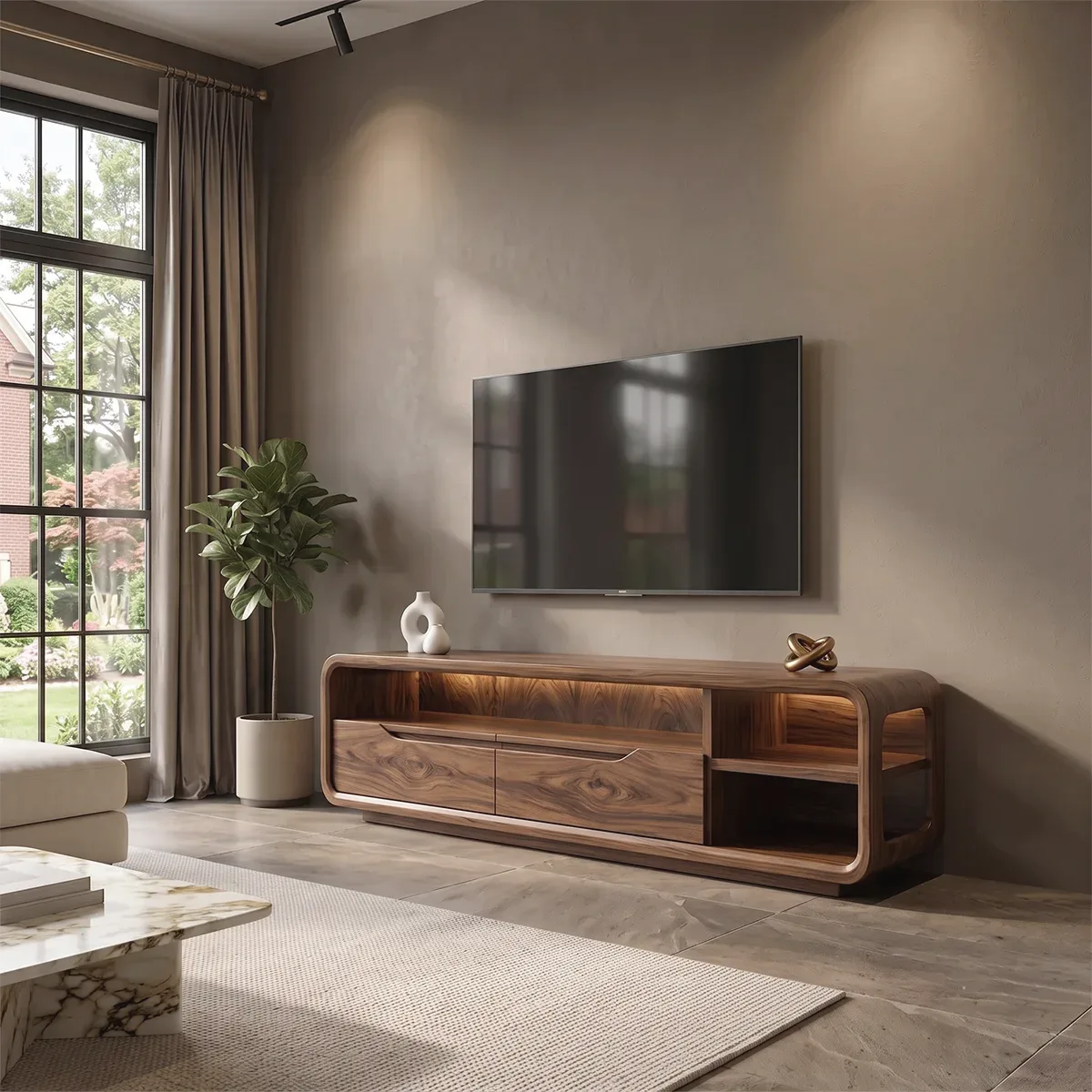 Curved TV Stand with 2 Drawers & Open Shelves | Modern Media Console TH003-5KNE4OQ