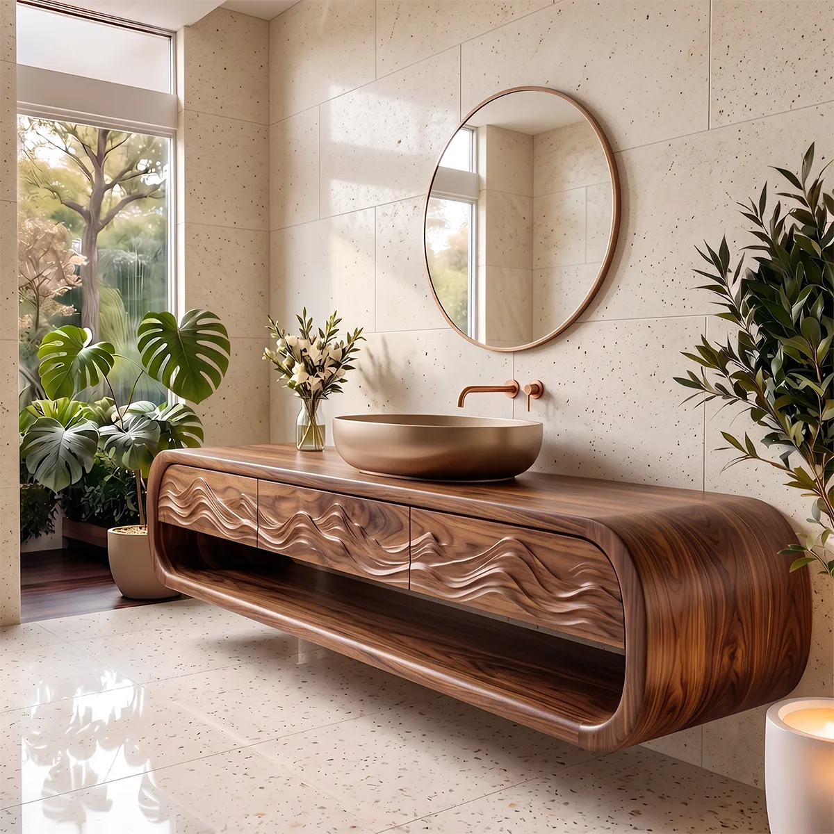 Modern Floating Bathroom Vanity with Drawers, Open Shelf & Curved Waterfall Design TH003-3PJG6FT