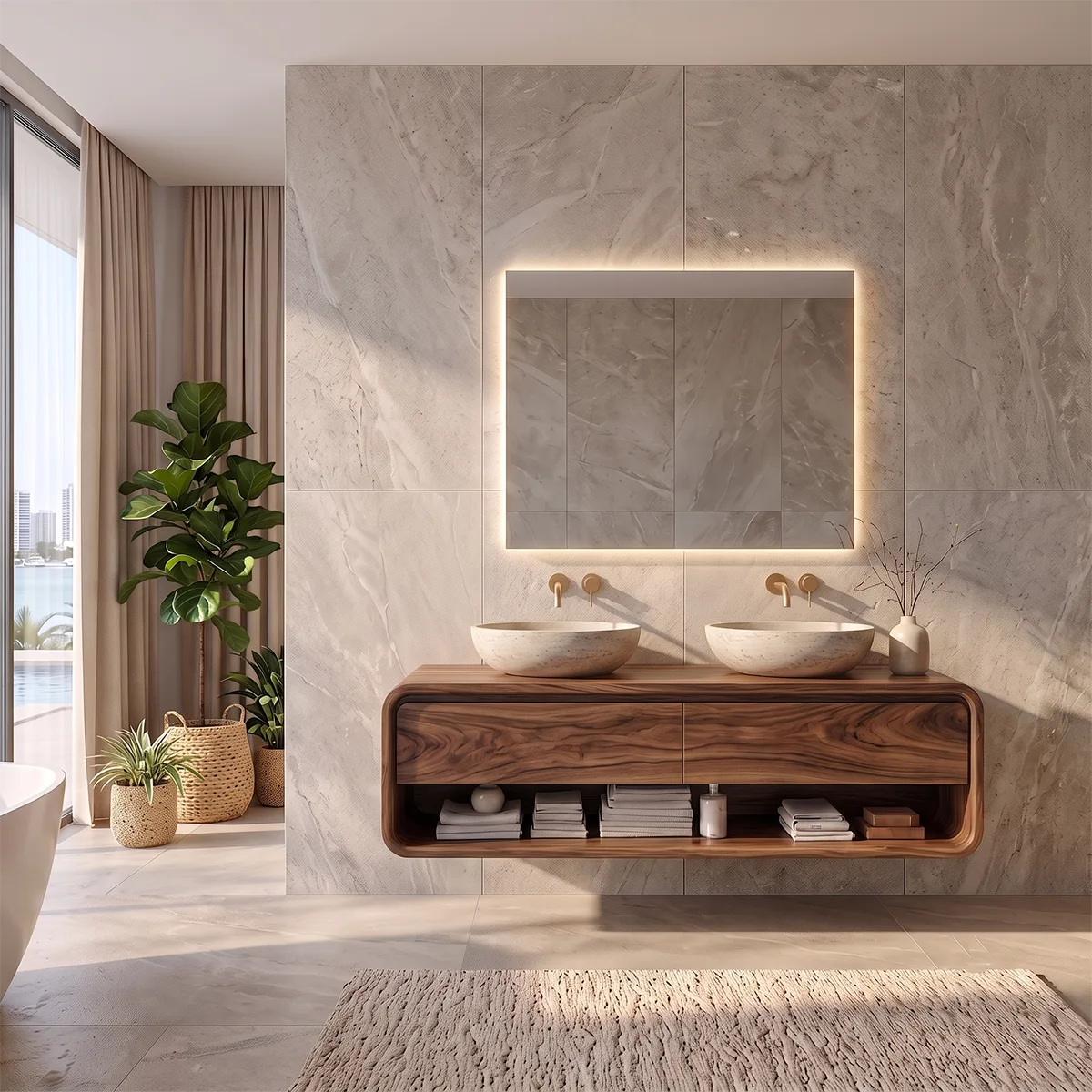 Modern Double Sink Floating Bathroom Vanity with Two Drawers & Open Shelf TH003-9TFD3FP