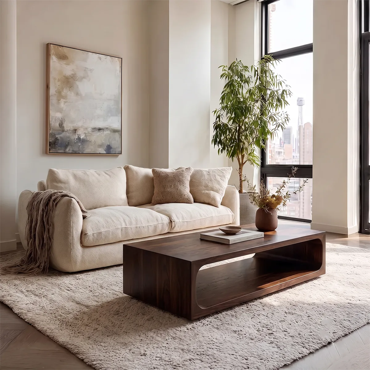 Modern Rectangular Coffee Table with Open Shelf | Rounded Sculptural Design
