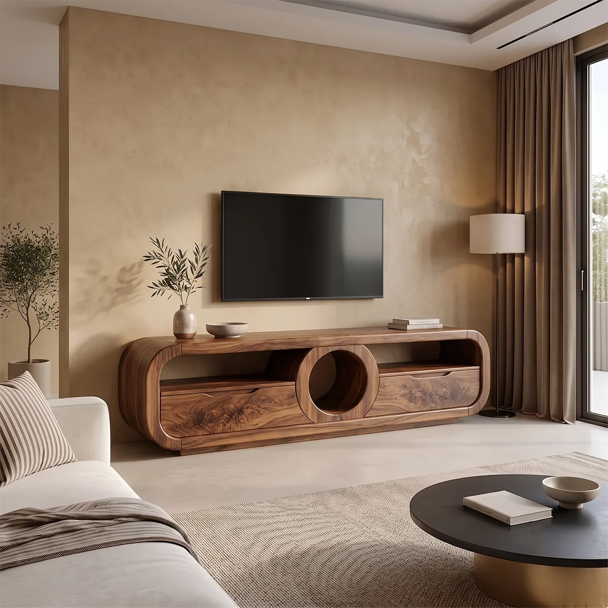 Modern TV Stand with Circular Shelf & Drawers | Sculptural Media Console TH003-7HDN2FQ