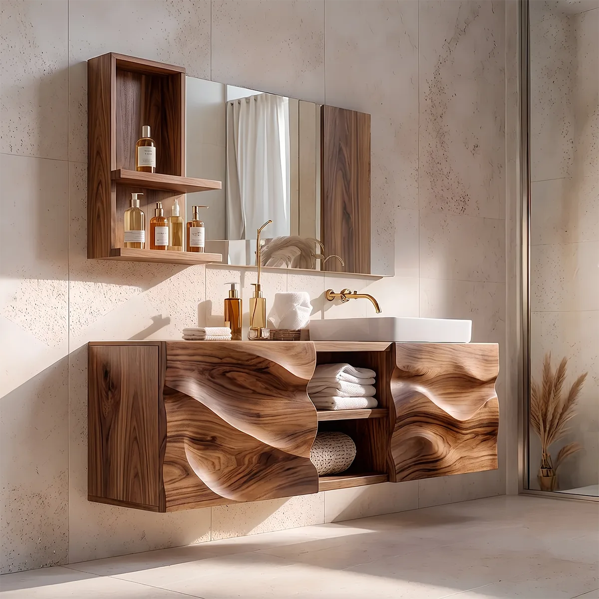 Modern Floating Bathroom Vanity with Sculpted Wave Front | Wall Mounted Bathroom Vanity TH003-3JBW4WW