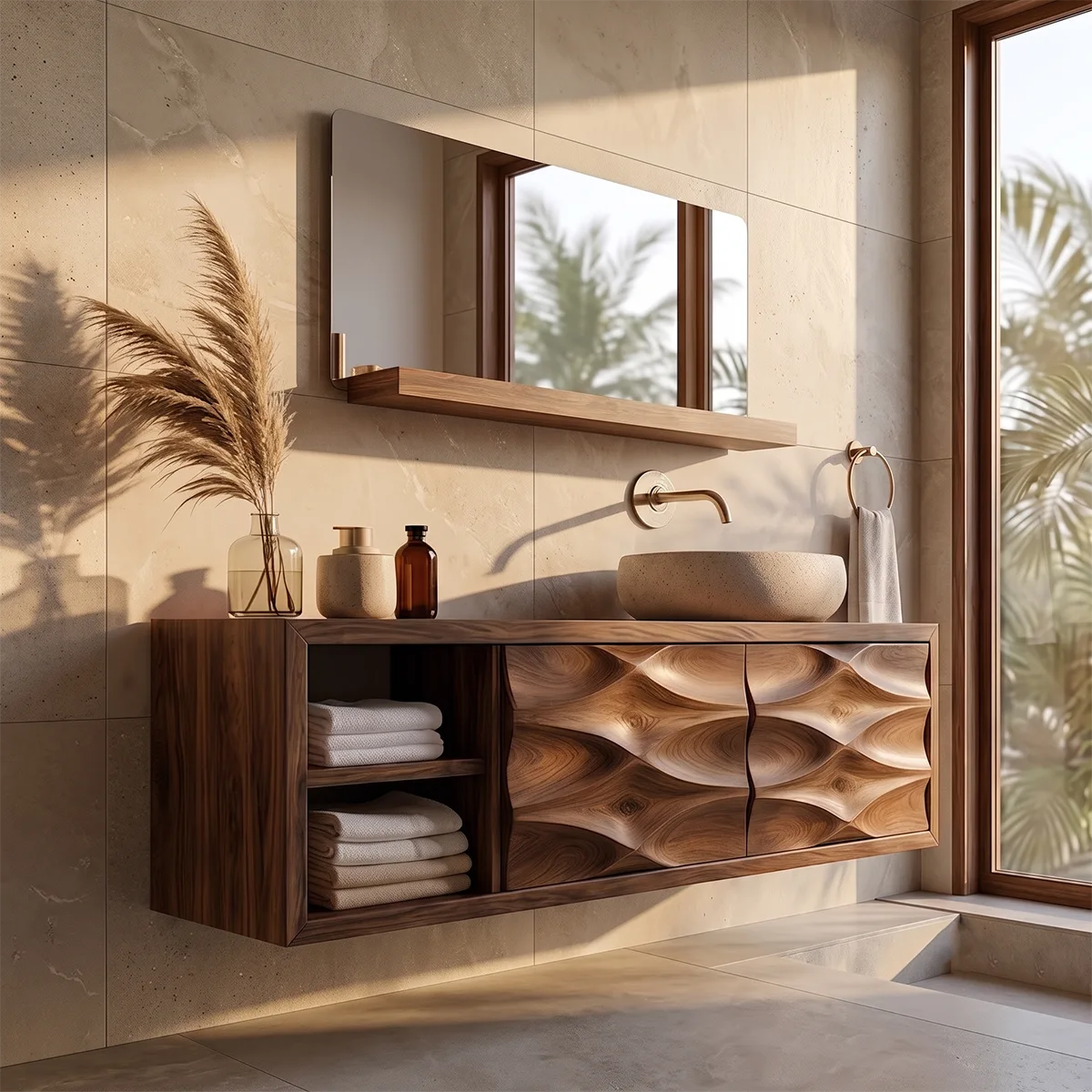 Modern Floating Bathroom Vanity with Sculpted Wave Doors | Wall-Mounted Vanity Cabinet TH003-6TQY1HS