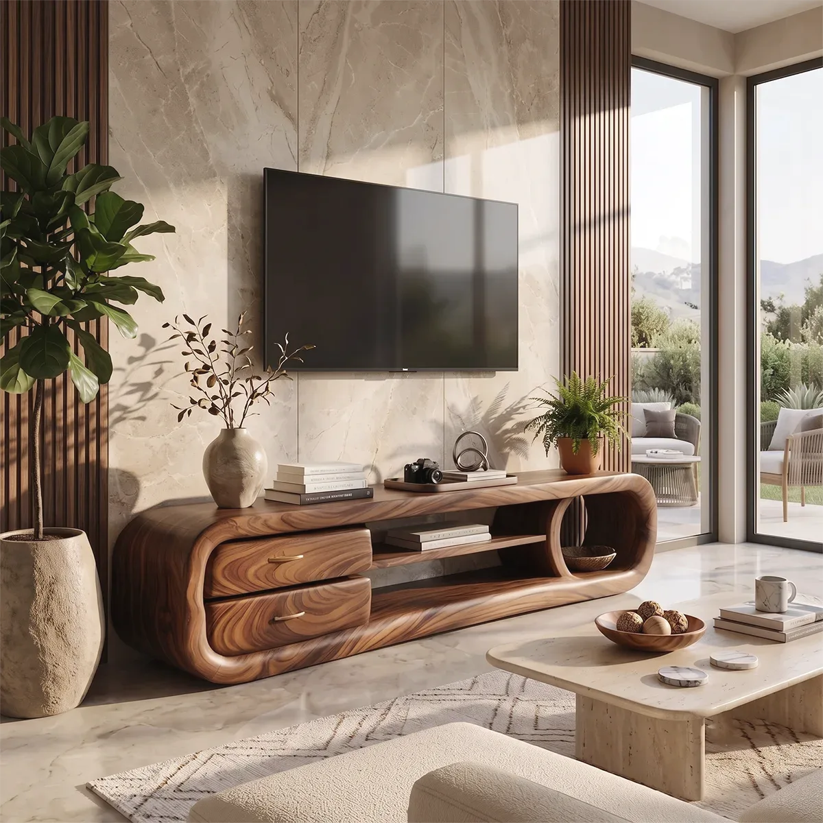 Organic Modern TV Stand with Sculptural Frame & Storage Drawers | Designer Media Console TH003-6JMS7OZ