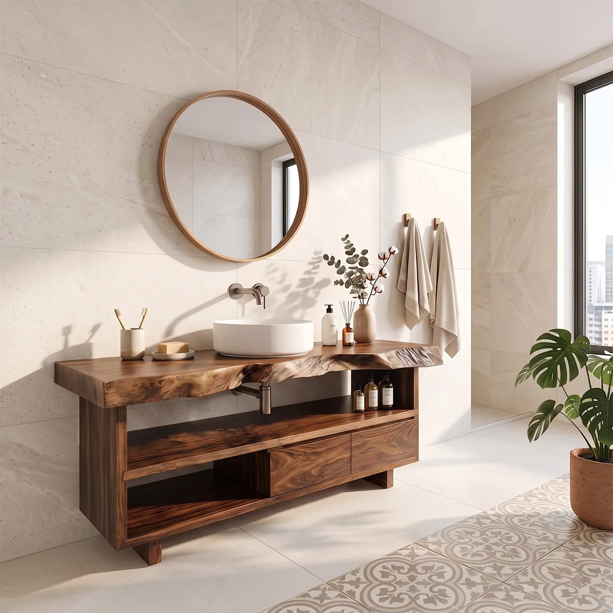 Live Edge Bathroom Vanity with Open Shelf & Drawers | Modern Organic Bathroom Cabinet