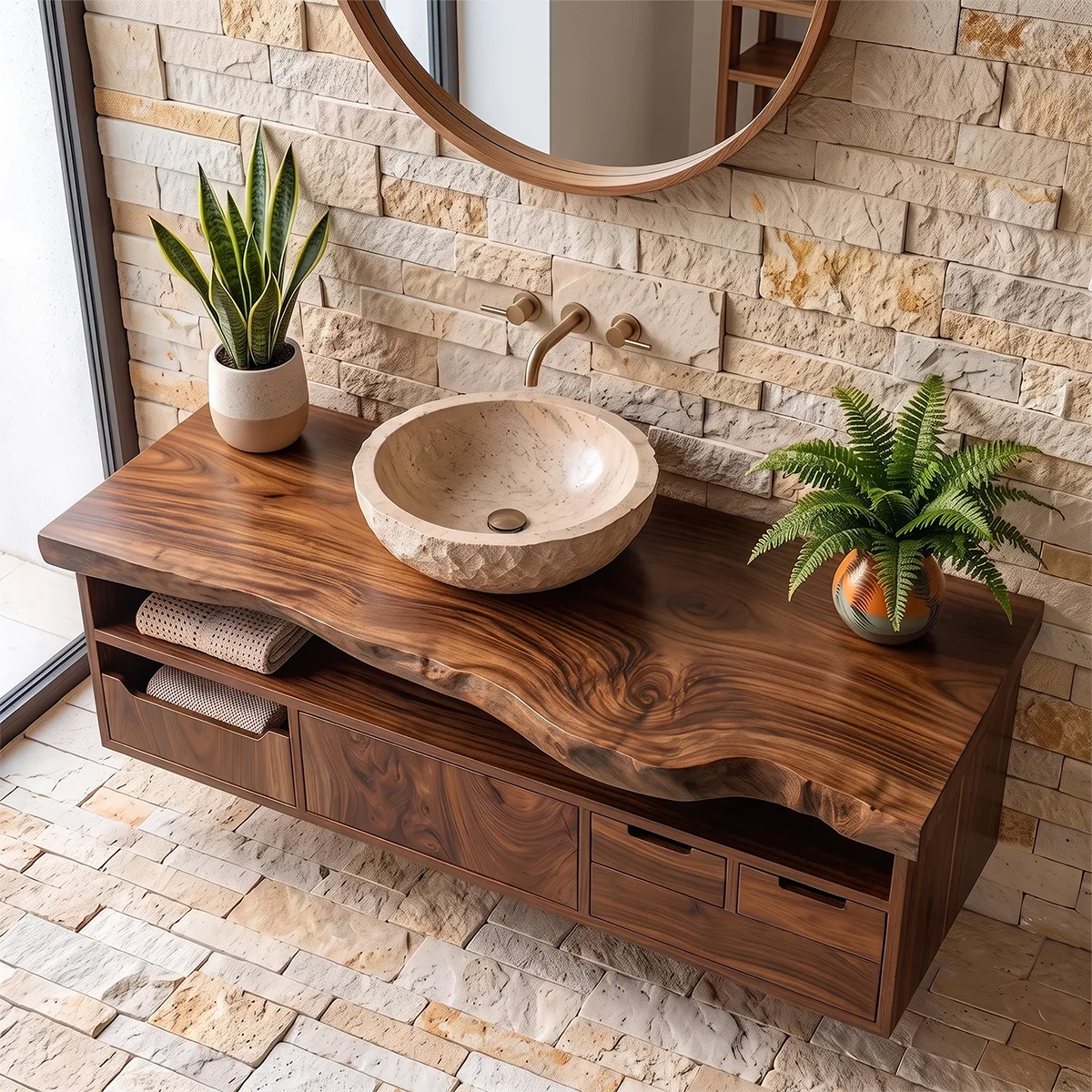 Organic Live Edge Floating Bathroom Vanity with Open Storage & Multi-Drawer Cabinet TH003-3OXF9BY