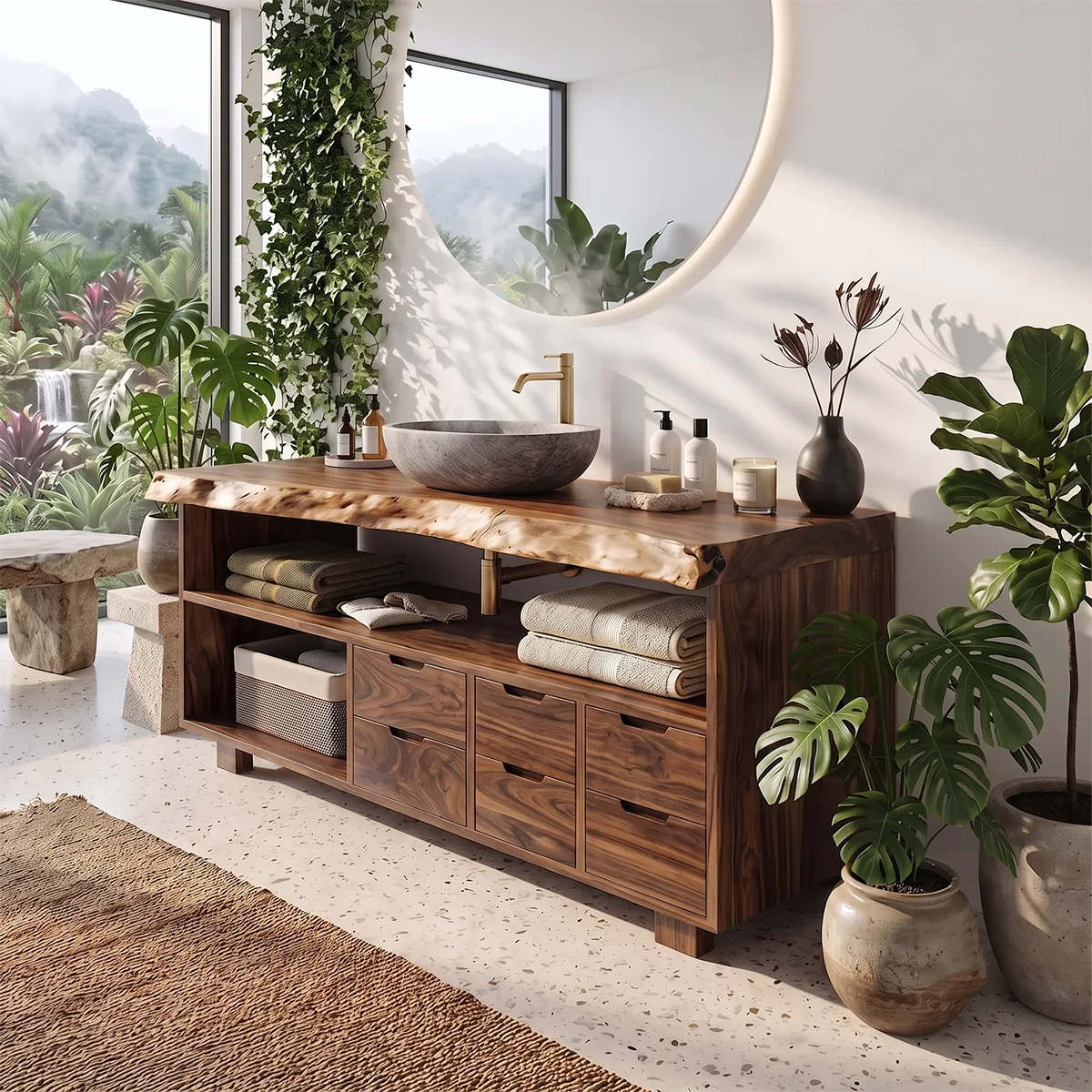 Live Edge Bathroom Vanity with Open Shelving & Multi-Drawer Storage TH003-9EZH8IM