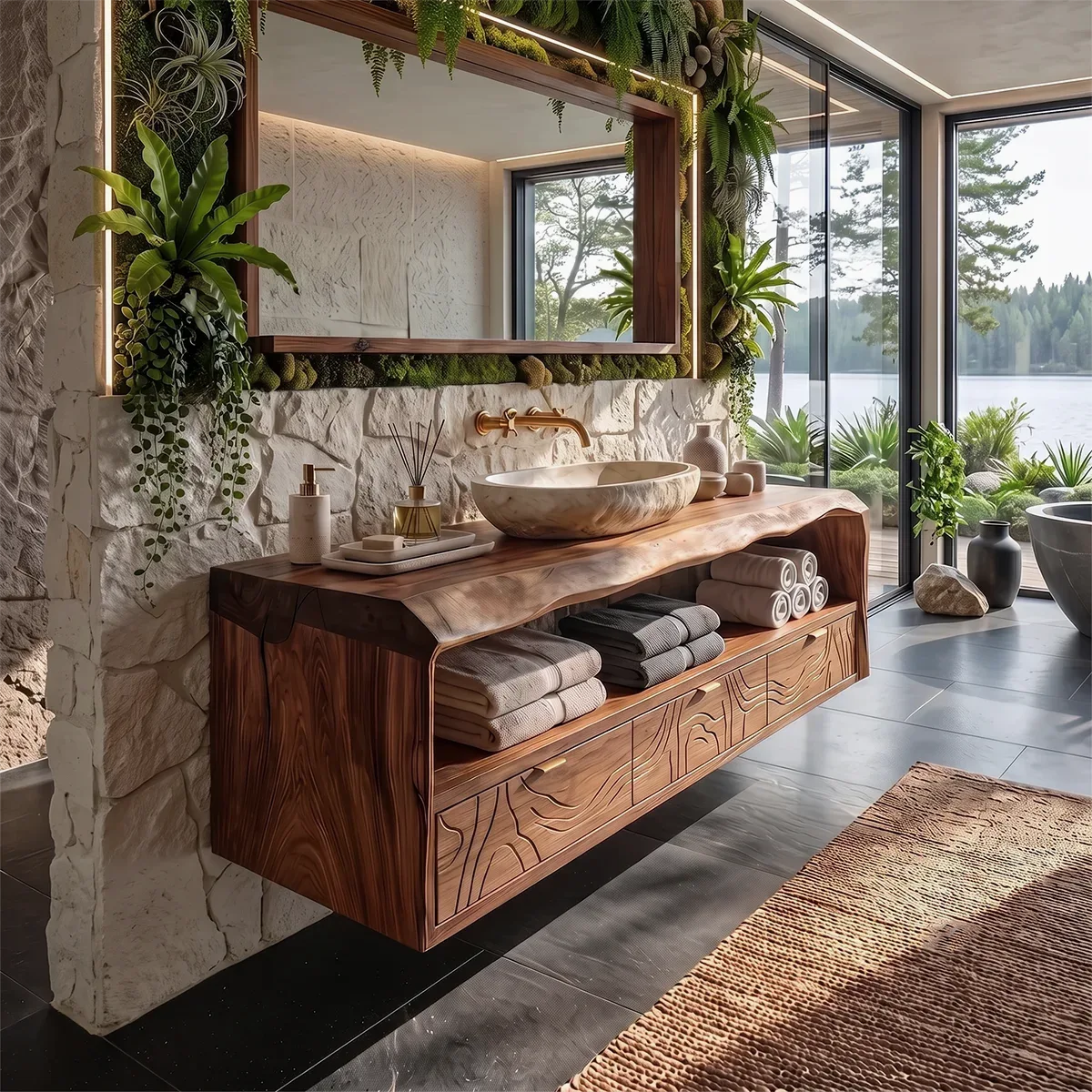 Floating Bathroom Vanity with Live Edge Countertop & Carved Drawer Fronts TH003-6UAW7UW