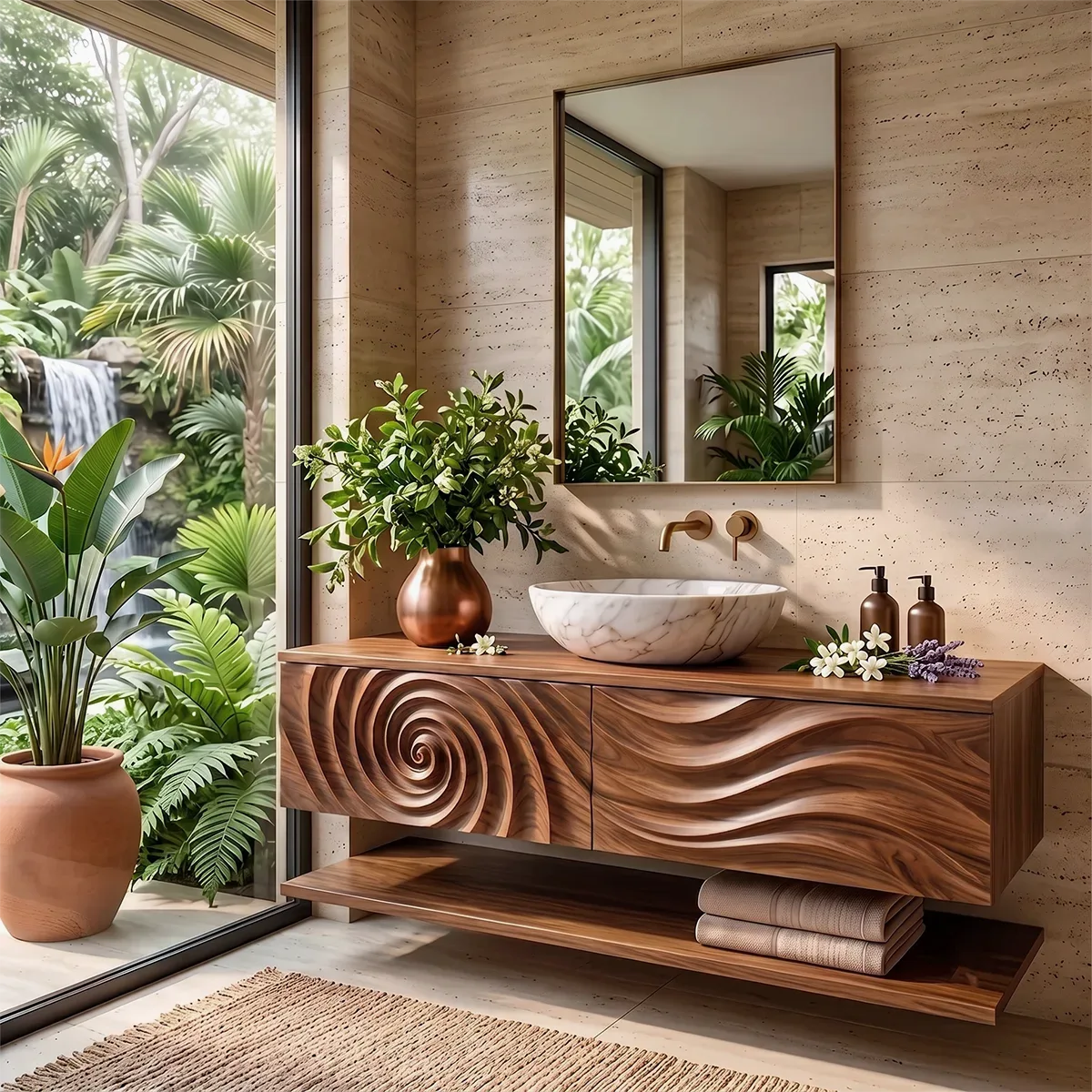 Floating Bathroom Vanity with Sculpted Doors | Modern Wall Mounted Vanity TH003-3XFL3MZ