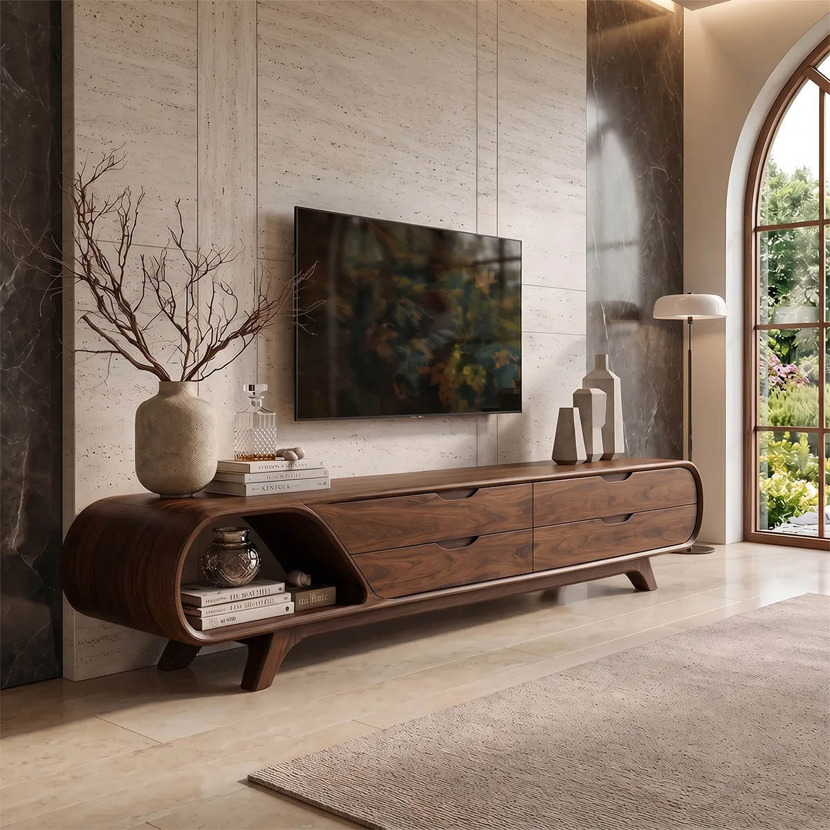 Modern Curved TV Stand with 4 Drawers & Open Shelf | Sculptural Low Profile Media Console