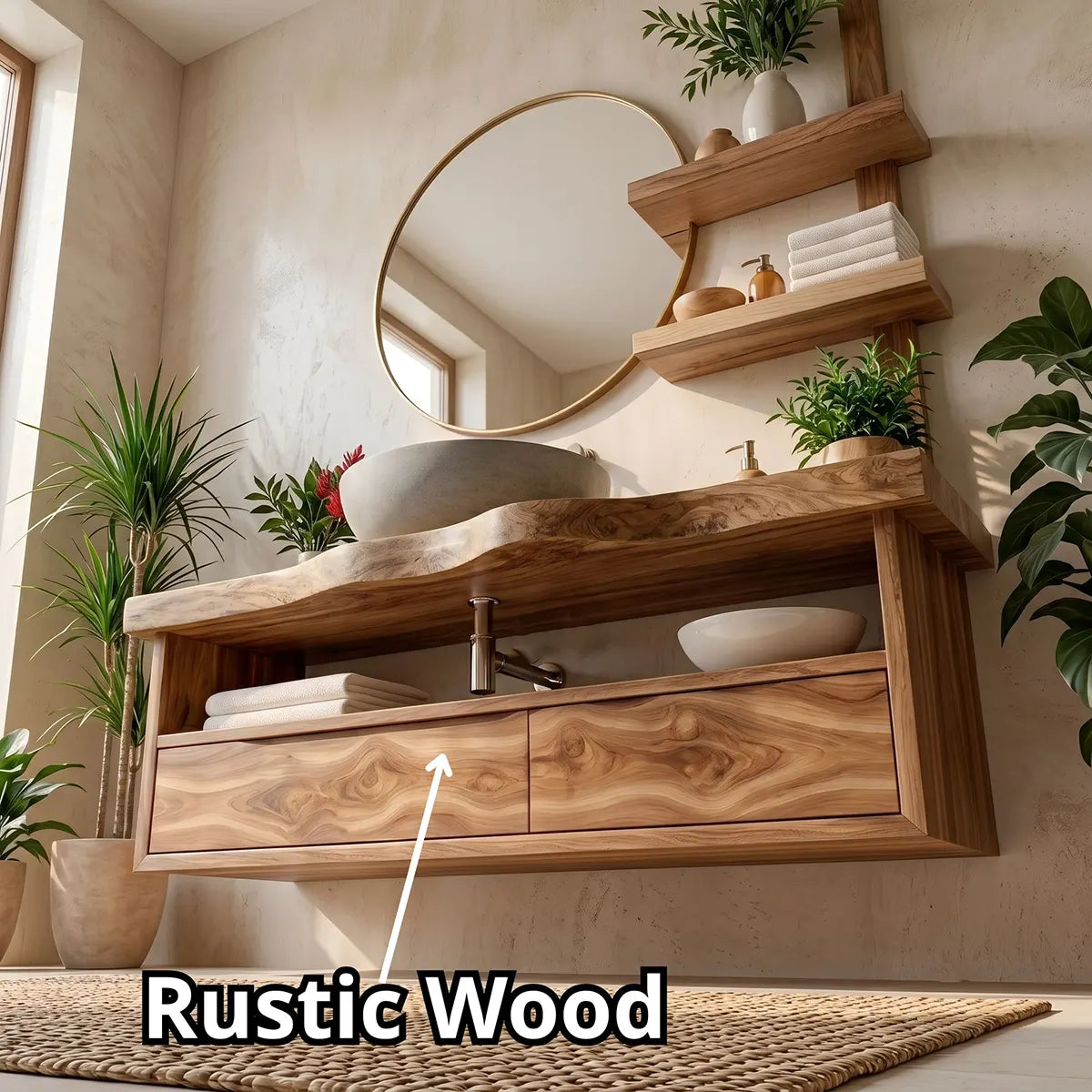 Floating Solid Wood Bathroom Vanity | Modern Bathroom Vanity with Double Drawers and Open Shelf TT006-7HIS6ML