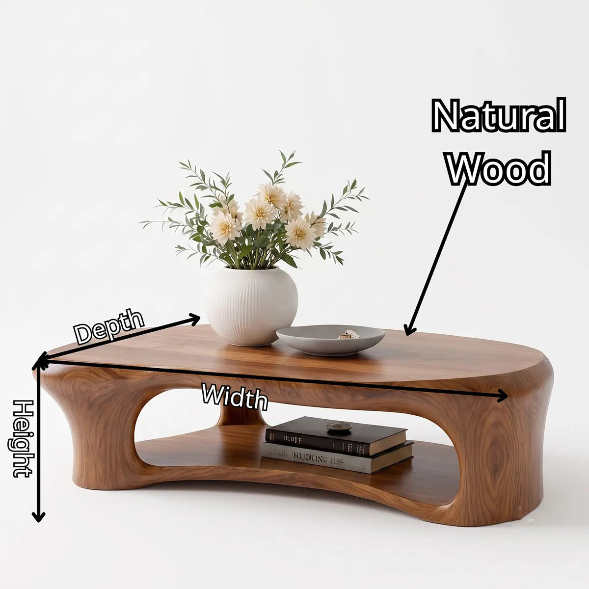 Organic Shape Coffee Table with Storage Shelf | Sculptural Solid Wood Living Room Table TT006-3938