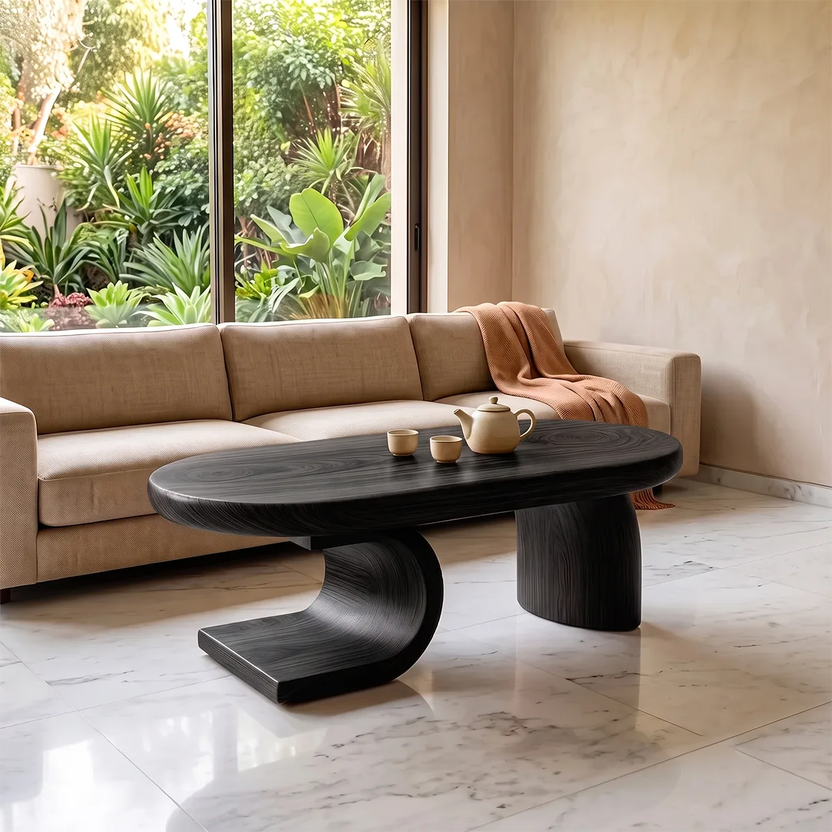 Modern Sculptural Coffee Table | Oval Center Table with Curved Pedestal Base TH003-2377