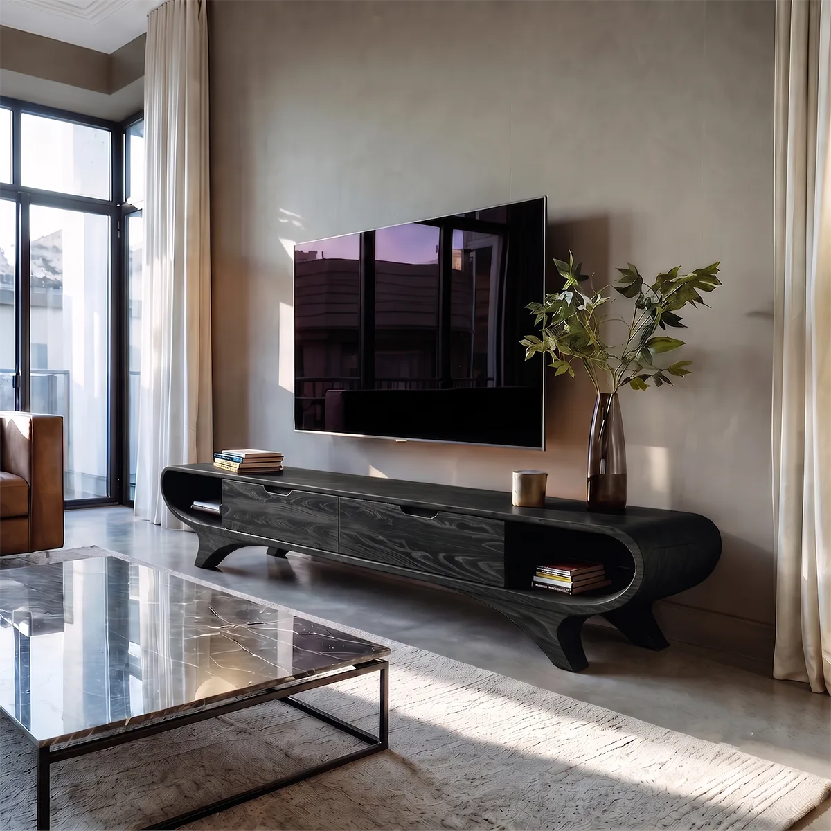 Modern Curved TV Stand with 2 Drawers & Open Side Shelves | Low Profile Media Console