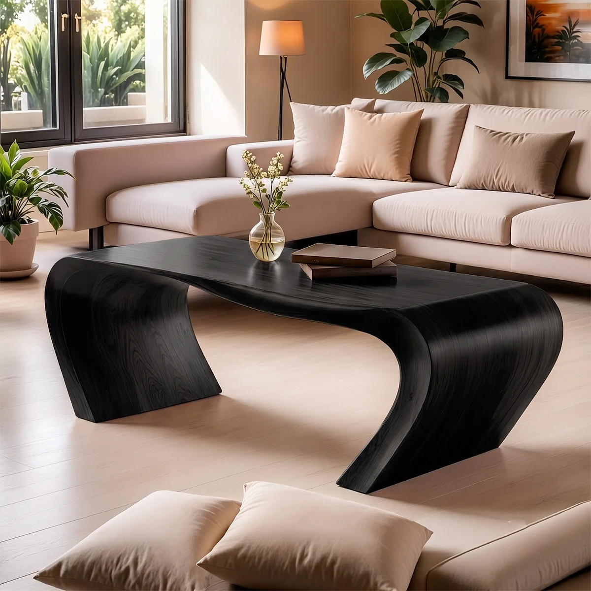 Solid Wood Waterfall Coffee Table | Modern Curved Wooden Coffee Table TT006-9943