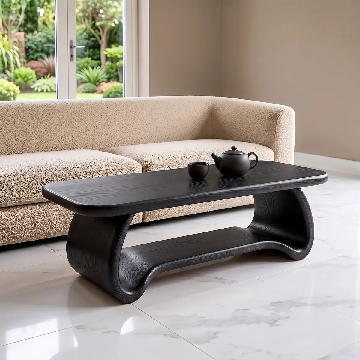 Modern Waterfall Coffee Table | Curved Open Shelf Center Table with Sculptural Base TH003-2431