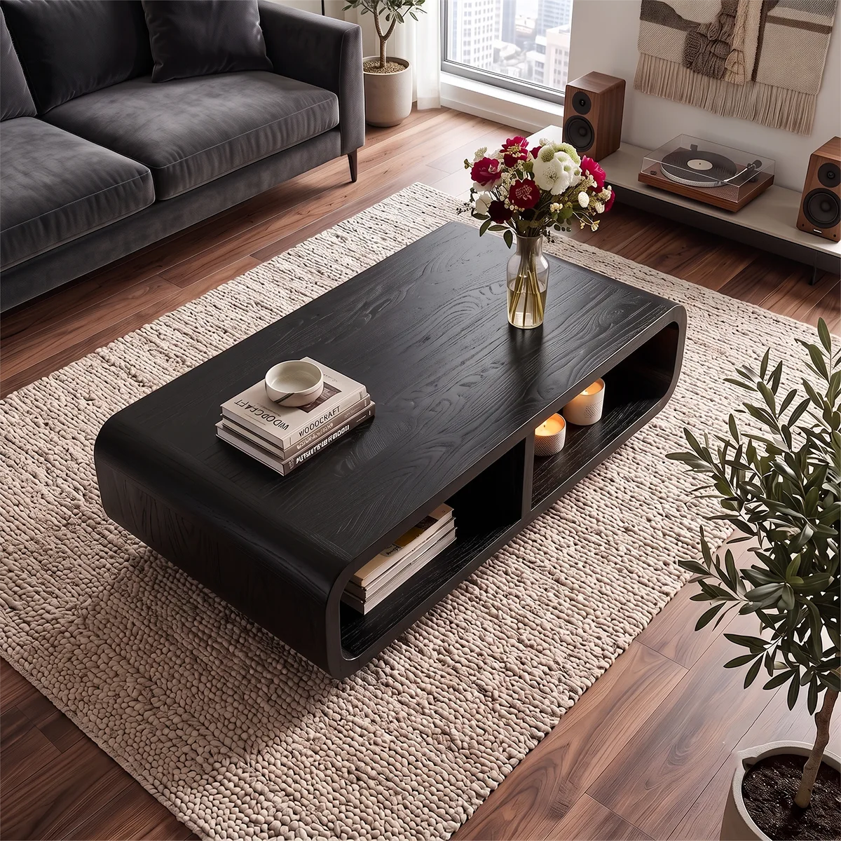 Modern Rectangular Coffee Table with Open Shelf | Rounded Edge Living Room Center Table