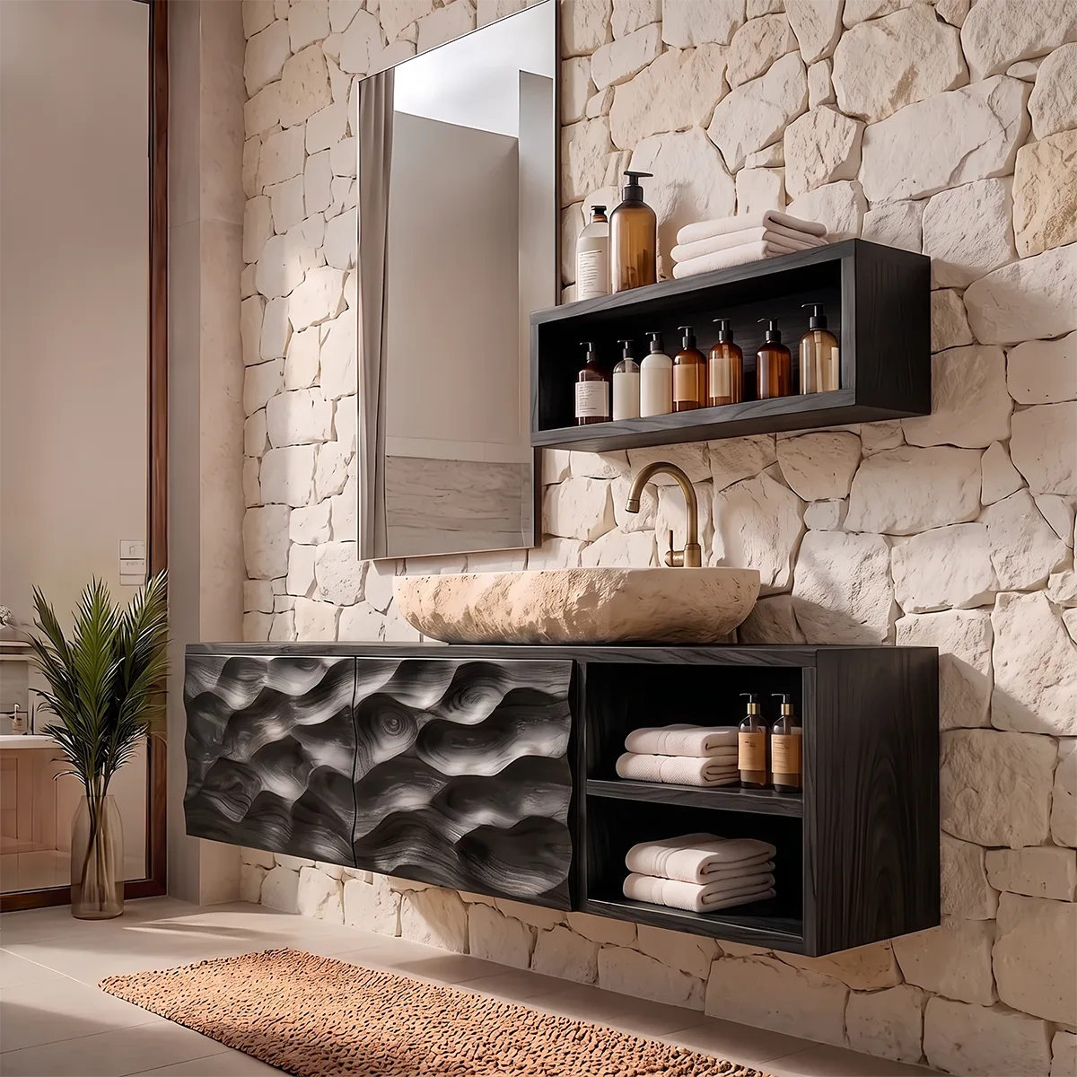 Floating Bathroom Vanity with Sculptural Cabinets & Open Side Shelves | Modern Vanity Cabinet TH003-4JYP9HL