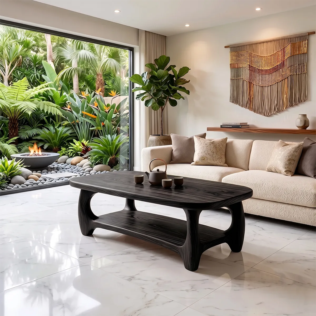 Modern Coffee Table with Open Shelf | Rounded Rectangle Center Table for Contemporary Living Room TH003-8562