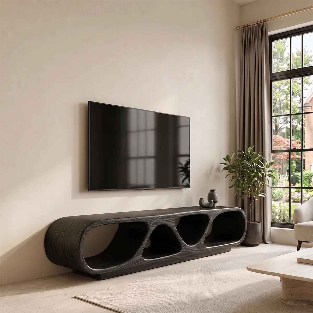 Sculptural TV Stand with Open Shelves | Organic Modern Media Console TH003-5RAR7KU