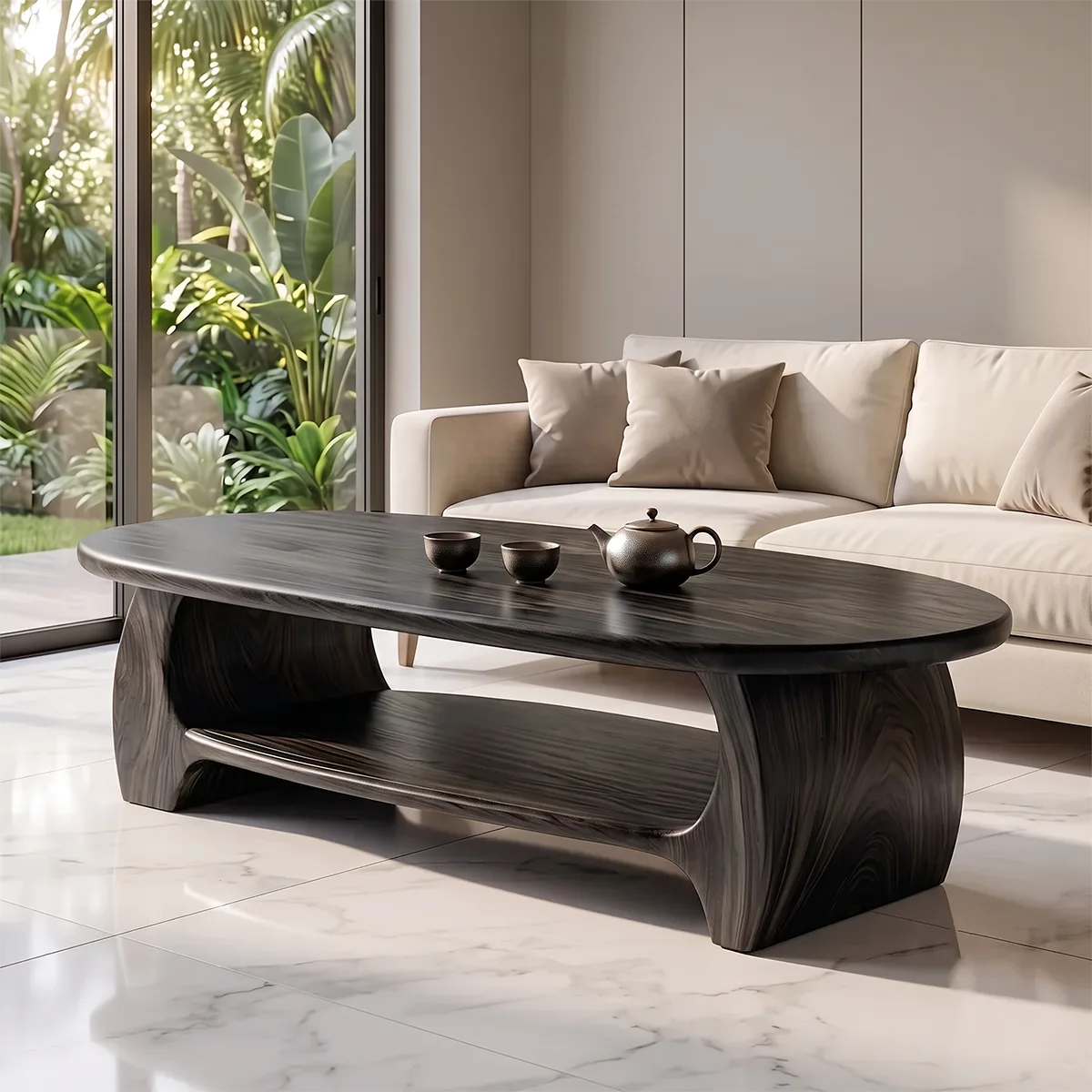 Modern Oval Coffee Table with Open Shelf | Sculptural Wood Center Table for Contemporary Living Room TH003-2398
