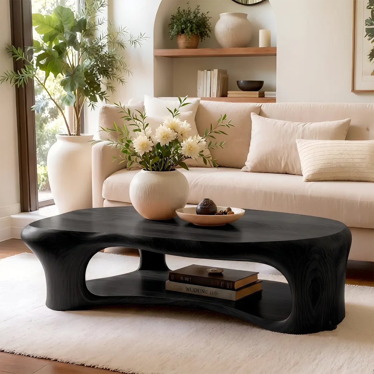 Organic Shape Coffee Table with Storage Shelf | Sculptural Solid Wood Living Room Table TT006-3938