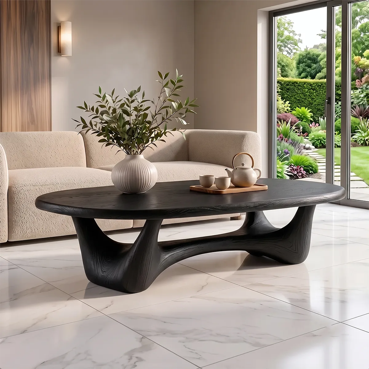 Modern Oval Coffee Table with Sculptural Open Base | Organic Contemporary Center Table for Living Room TH003-9564
