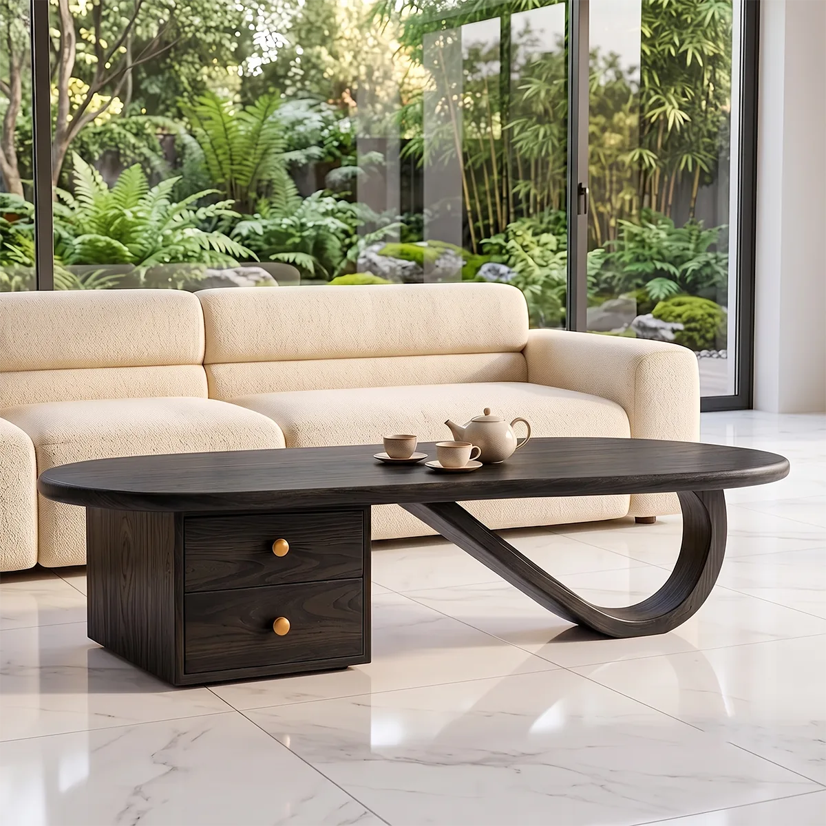 Modern Oval Coffee Table with Storage Drawers | Sculptural Contemporary Center Table for Living Room TH003-5102