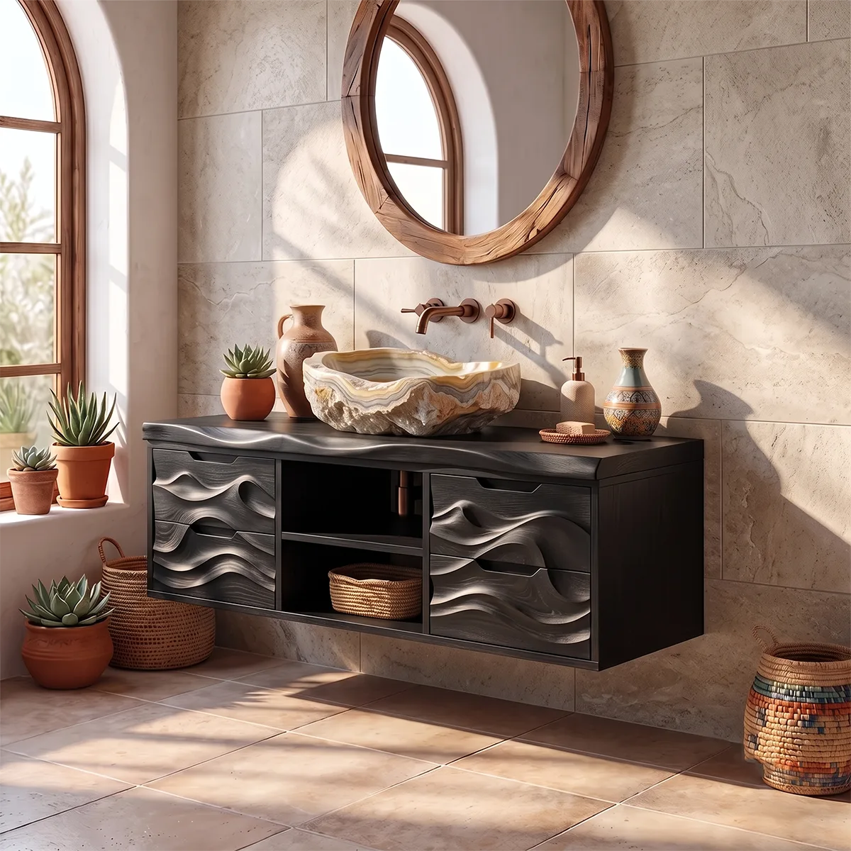 Organic Floating Bathroom Vanity with Cabinets, Open Shelves & Sculpted Wave Front TH003-7IJS3HC