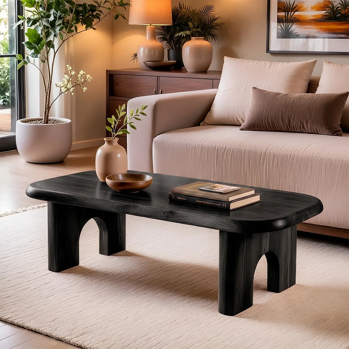Rounded Rectangle Solid Wood Coffee Table | Modern Minimalist Center Table for Living Room TT006-3891