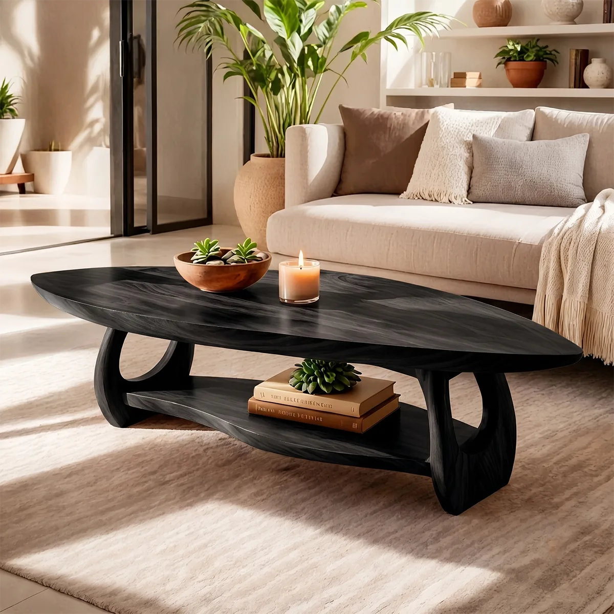 Organic Solid Wood Coffee Table with Storage Shelf | Modern Living Room Center Table TT006-9336