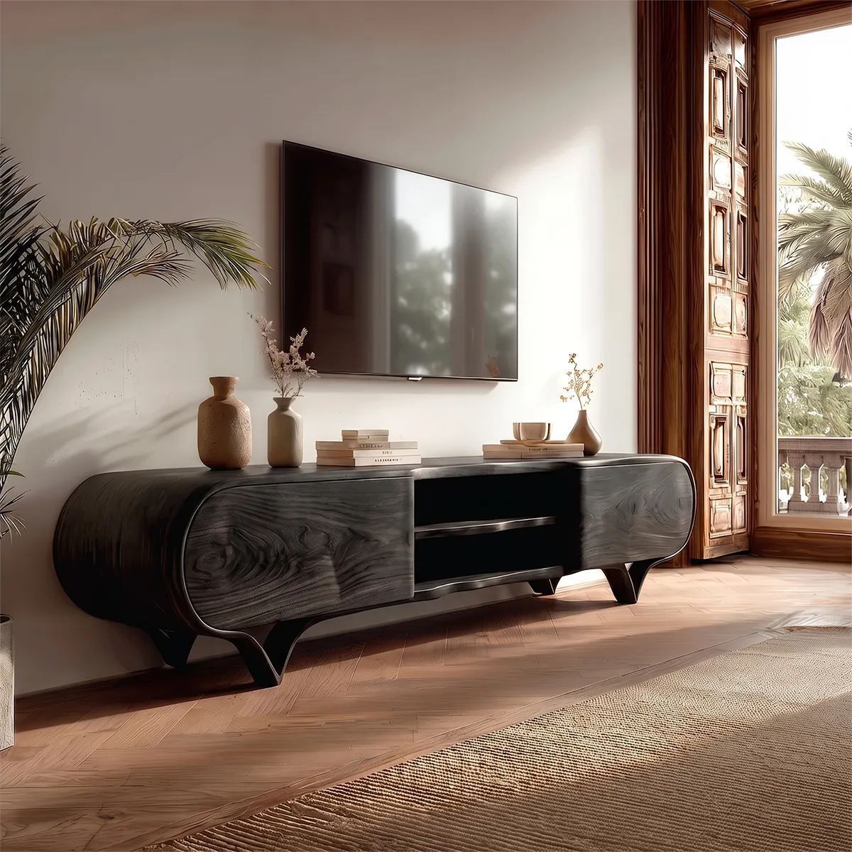 Curved 2-Door TV Stand with Open Shelves | Sculptural Modern Media Console