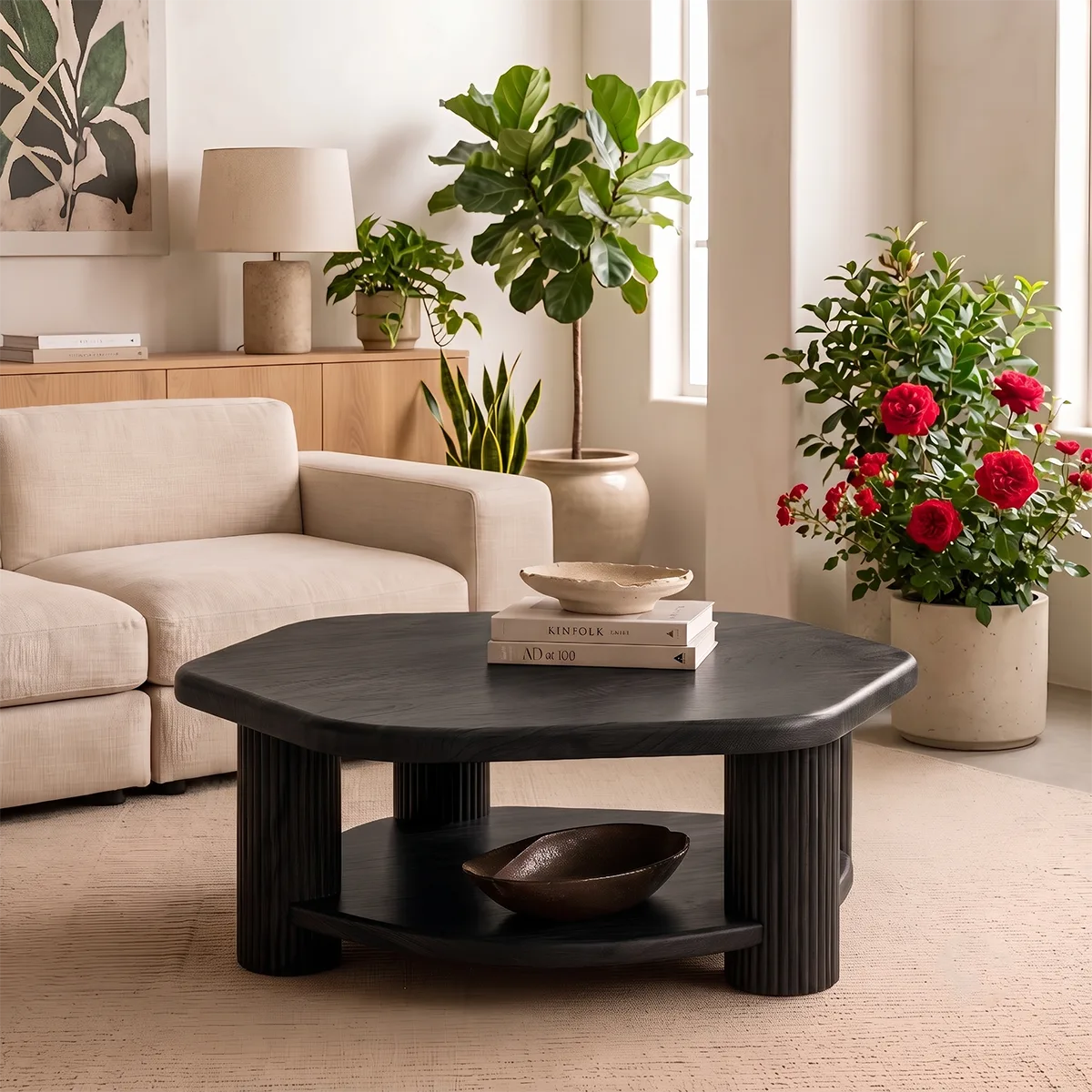 Organic Square Solid Wood Coffee Table with Storage Shelf | Modern Center Table for Living Room TT006-7481