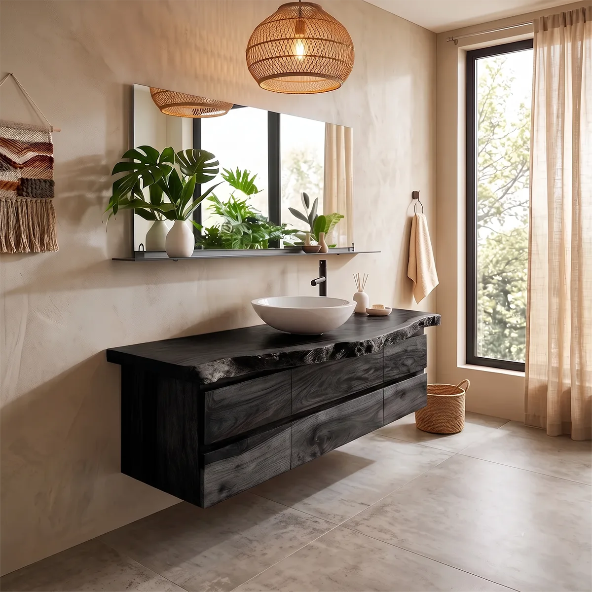 Live Edge Floating Bathroom Vanity with 6 Drawers | Modern Wall Mounted Bathroom Cabinet