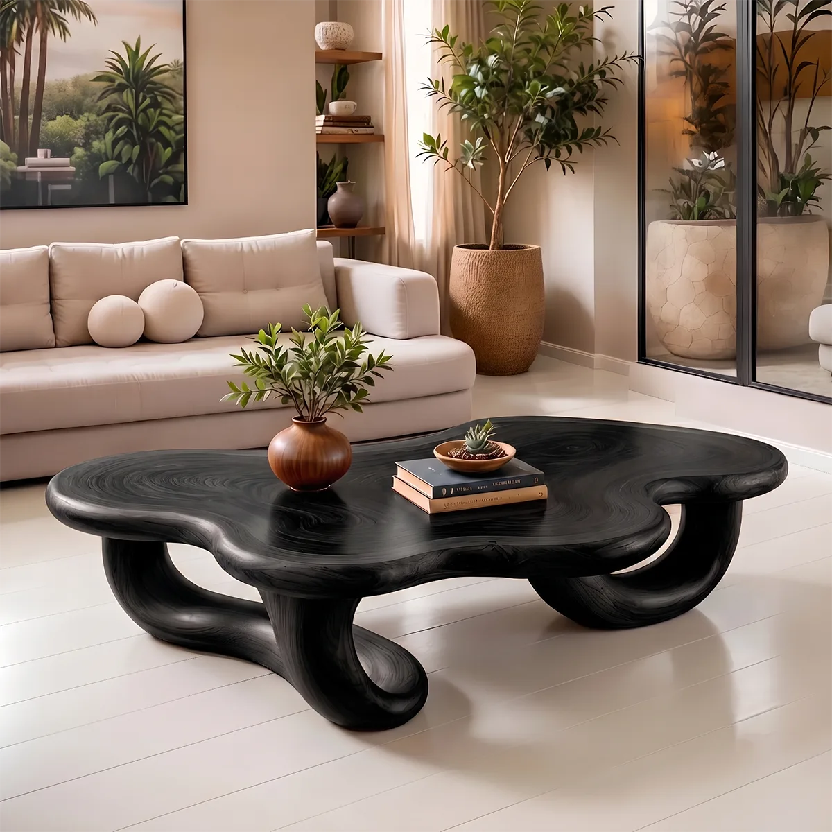 Modern Organic Solid Wood Coffee Table with Sculptural Curved Base TT006-4311