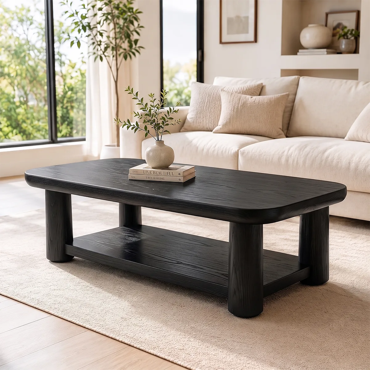 Solid Wood Coffee Table with Storage Shelf | Rustic Modern Living Room Center Table TT006-2808