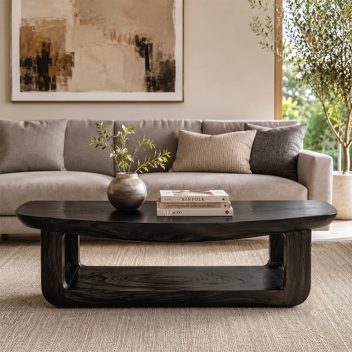 Solid Wood Coffee Table with Open Shelf | Organic Modern Living Room Center Table TT006-8208